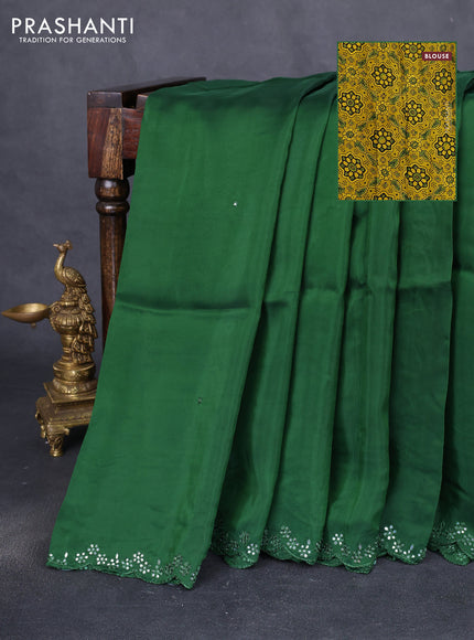 Satin crepe silk saree green and mustard yellow with allover mirror work and ajrakh printed blouse