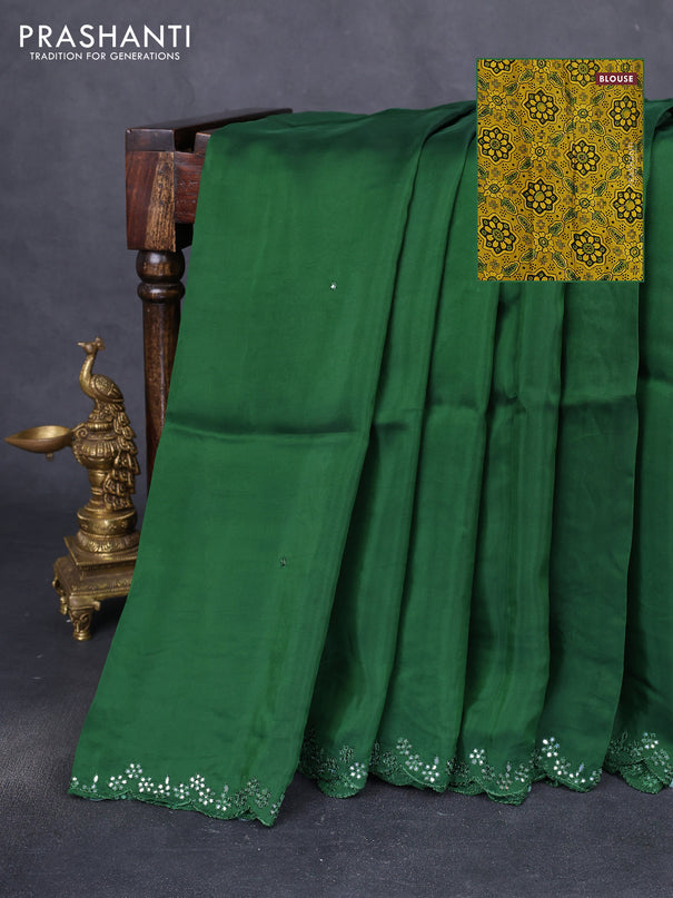 Satin crepe silk saree green and mustard yellow with allover mirror work and ajrakh printed blouse