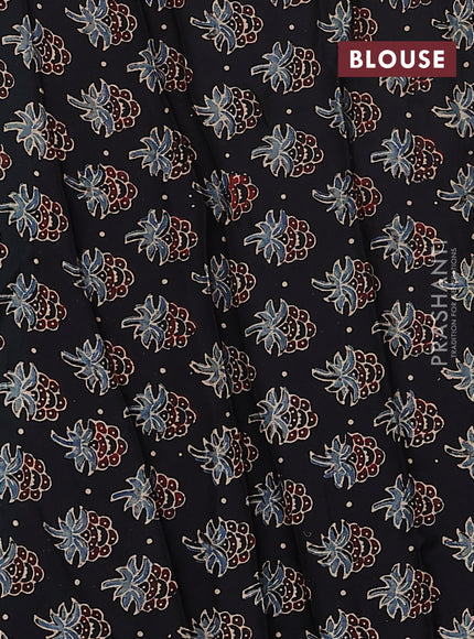 Satin crepe silk saree teal green and black with allover mirror work and ajrakh printed blouse