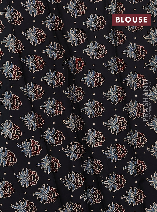 Satin crepe silk saree teal green and black with allover mirror work and ajrakh printed blouse