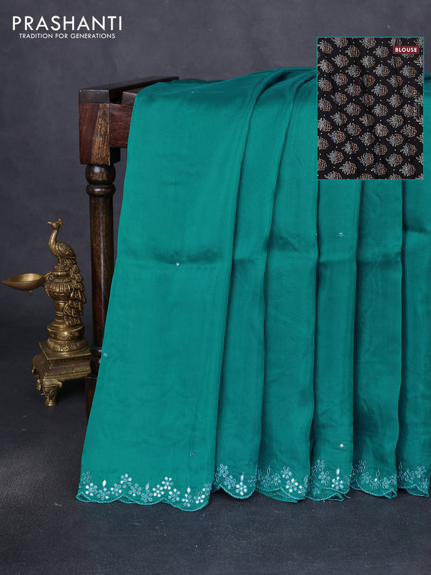 Satin crepe silk saree teal green and black with allover mirror work and ajrakh printed blouse