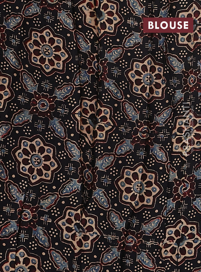 Satin crepe silk saree sandal and black with allover mirror work and ajrakh printed blouse