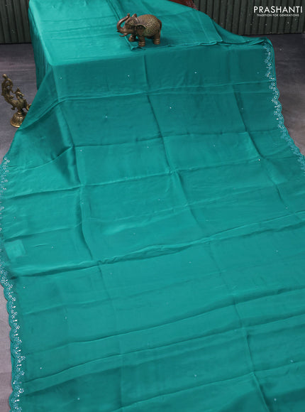 Satin crepe silk saree teal green and maroon with allover mirror work and ajrakh printed blouse