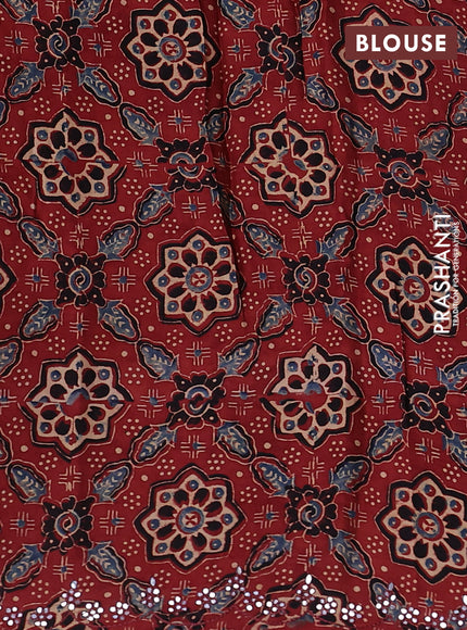 Satin crepe silk saree teal green and maroon with allover mirror work and ajrakh printed blouse