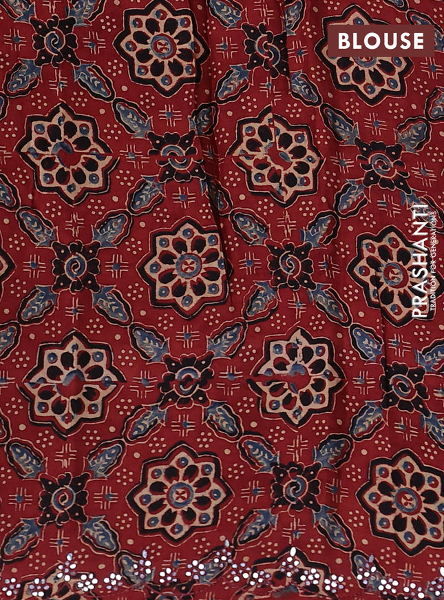 Satin crepe silk saree teal green and maroon with allover mirror work and ajrakh printed blouse