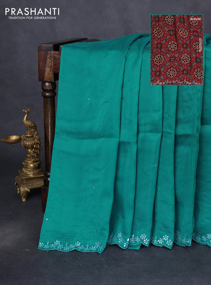 Satin crepe silk saree teal green and maroon with allover mirror work and ajrakh printed blouse