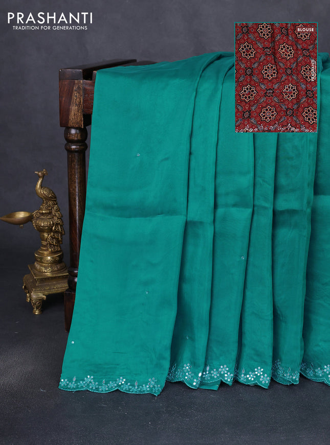 Satin crepe silk saree teal green and maroon with allover mirror work and ajrakh printed blouse