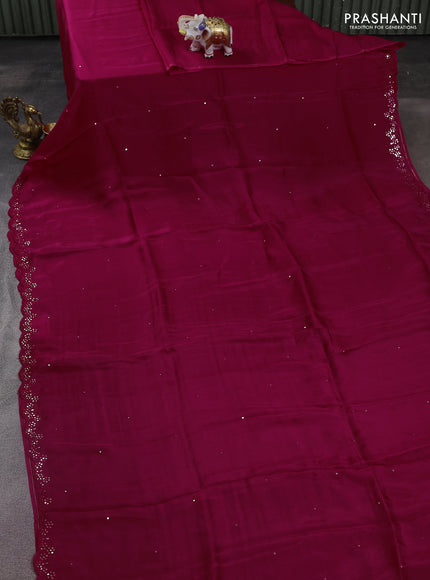 Satin crepe silk saree pink and blue with allover mirror work and ajrakh printed blouse