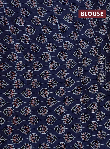 Satin crepe silk saree pink and blue with allover mirror work and ajrakh printed blouse