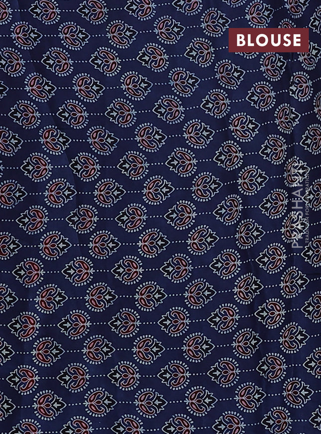 Satin crepe silk saree pink and blue with allover mirror work and ajrakh printed blouse