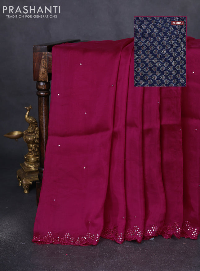 Satin crepe silk saree pink and blue with allover mirror work and ajrakh printed blouse