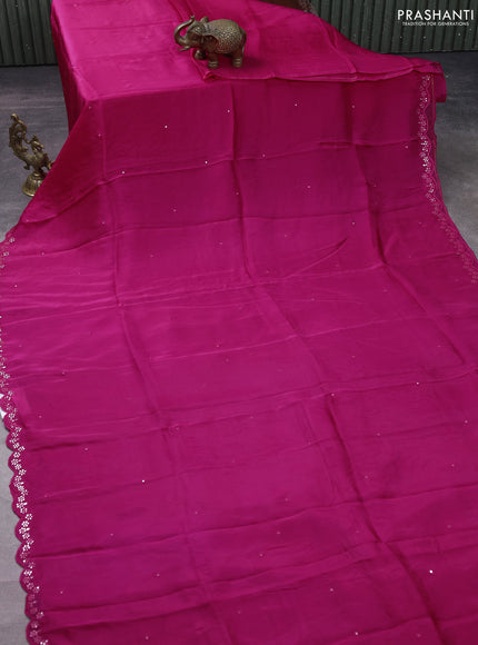 Satin crepe silk saree pink and blue with allover mirror work and ajrakh printed blouse