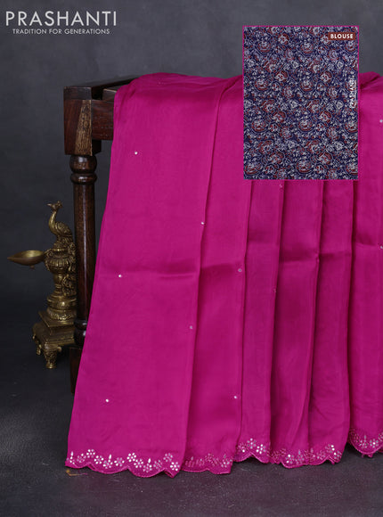 Satin crepe silk saree pink and blue with allover mirror work and ajrakh printed blouse