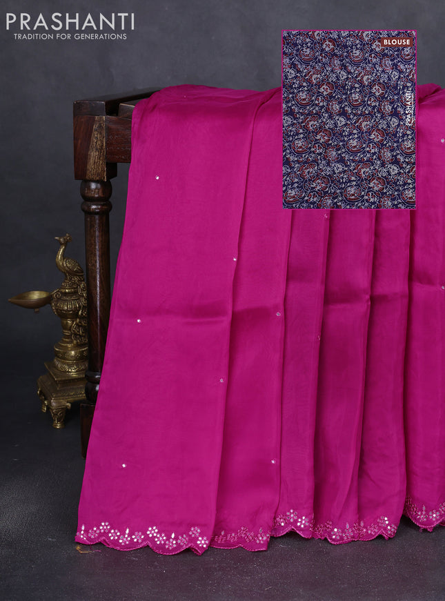 Satin crepe silk saree pink and blue with allover mirror work and ajrakh printed blouse