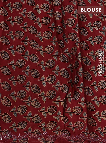 Satin crepe silk saree peacock blue and maroon with allover mirror work and ajrakh printed blouse