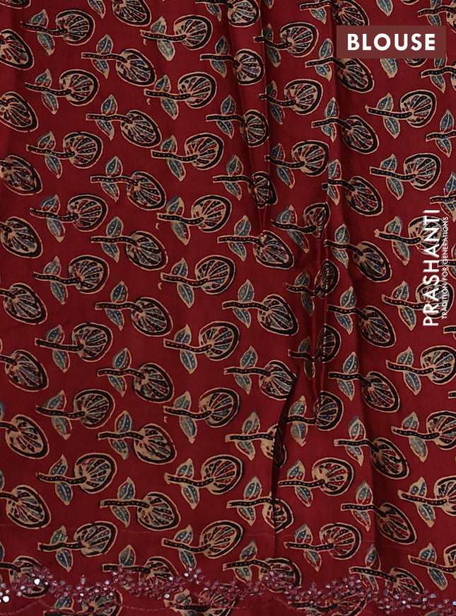 Satin crepe silk saree peacock blue and maroon with allover mirror work and ajrakh printed blouse