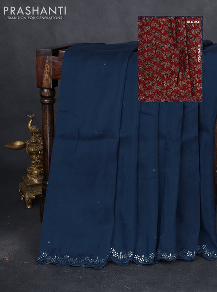 Satin crepe silk saree peacock blue and maroon with allover mirror work and ajrakh printed blouse