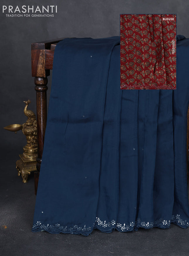 Satin crepe silk saree peacock blue and maroon with allover mirror work and ajrakh printed blouse