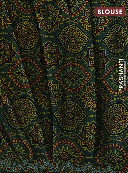 Satin crepe silk saree yellow and green with allover mirror work and ajrakh printed blouse