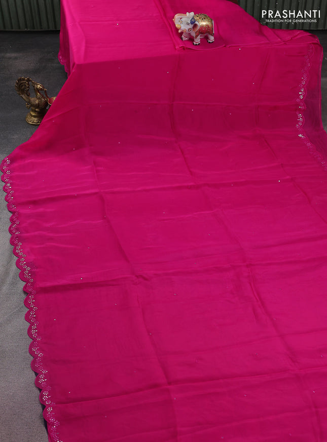 Satin crepe silk saree pink and blue with allover mirror work and ajrakh printed blouse