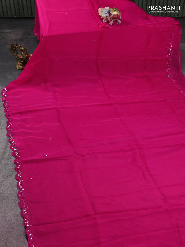 Satin crepe silk saree pink and blue with allover mirror work and ajrakh printed blouse
