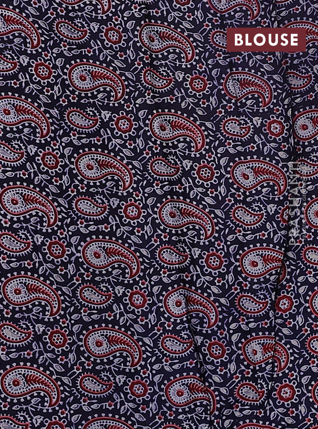 Satin crepe silk saree pink and blue with allover mirror work and ajrakh printed blouse