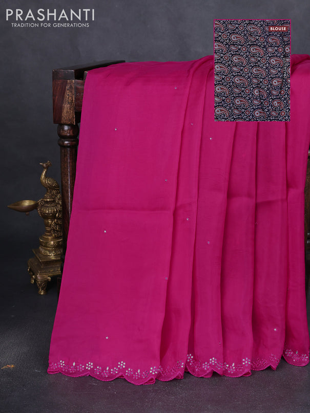 Satin crepe silk saree pink and blue with allover mirror work and ajrakh printed blouse