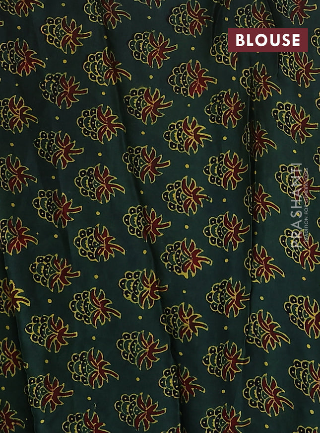 Satin crepe silk saree yellow and green with allover mirror work and ajrakh printed blouse