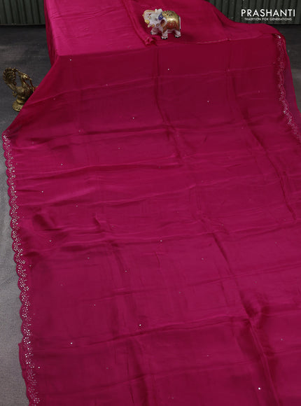 Satin crepe silk saree pink and blue with allover mirror work and ajrakh printed blouse