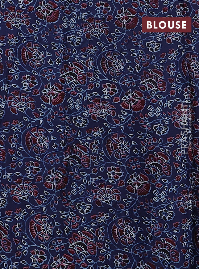 Satin crepe silk saree pink and blue with allover mirror work and ajrakh printed blouse