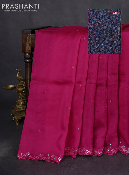 Satin crepe silk saree pink and blue with allover mirror work and ajrakh printed blouse