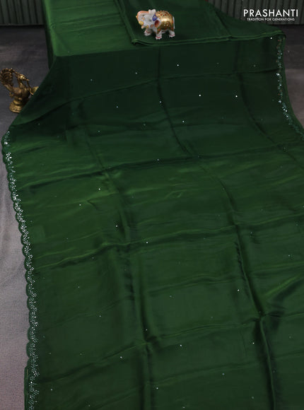 Satin crepe silk saree sap green and yellow with allover mirror work and ajrakh printed blouse