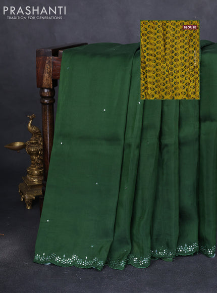Satin crepe silk saree sap green and yellow with allover mirror work and ajrakh printed blouse