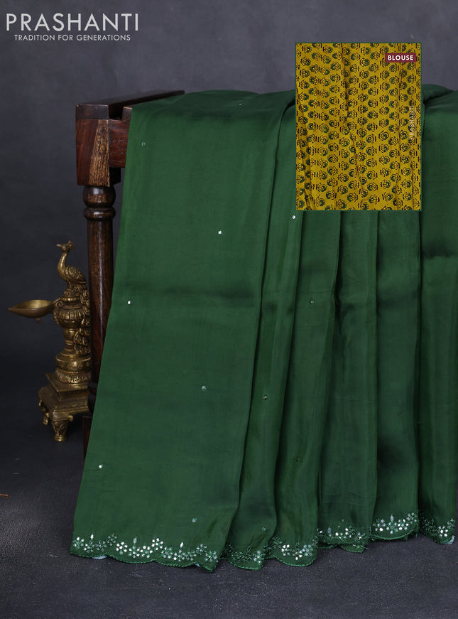 Satin crepe silk saree sap green and yellow with allover mirror work and ajrakh printed blouse