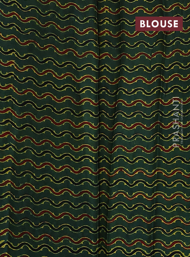 Satin crepe silk saree yellow and green with allover mirror work and ajrakh printed blouse