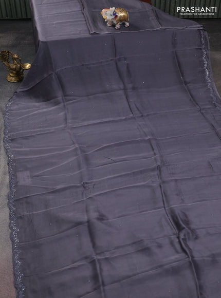 Satin crepe silk saree grey and black with allover mirror work and ajrakh printed blouse