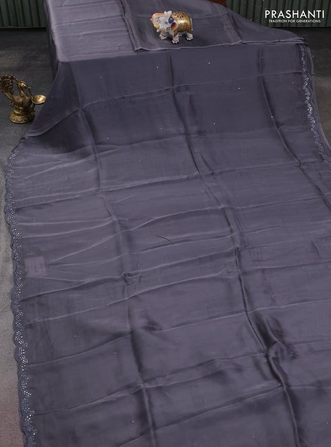 Satin crepe silk saree grey and black with allover mirror work and ajrakh printed blouse