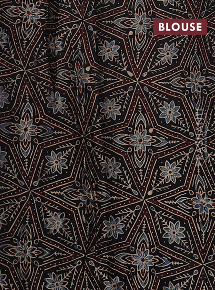 Satin crepe silk saree grey and black with allover mirror work and ajrakh printed blouse