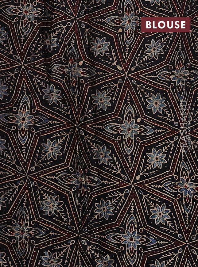 Satin crepe silk saree grey and black with allover mirror work and ajrakh printed blouse