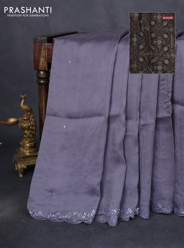 Satin crepe silk saree grey and black with allover mirror work and ajrakh printed blouse