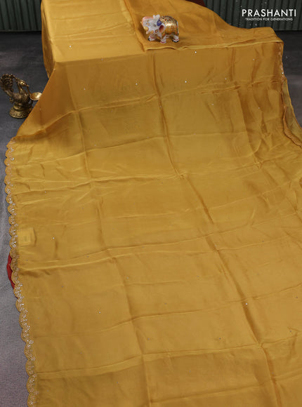 Satin crepe silk saree mustard yellow and maroon with allover mirror work and ajrakh printed blouse