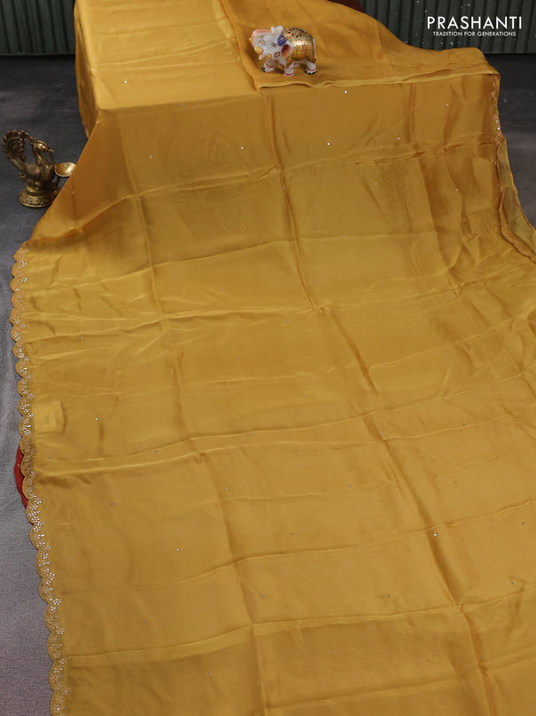 Satin crepe silk saree mustard yellow and maroon with allover mirror work and ajrakh printed blouse
