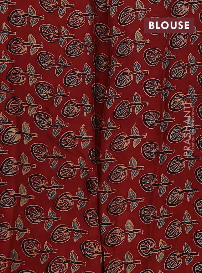 Satin crepe silk saree mustard yellow and maroon with allover mirror work and ajrakh printed blouse