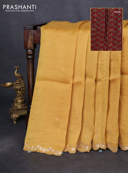 Satin crepe silk saree mustard yellow and maroon with allover mirror work and ajrakh printed blouse