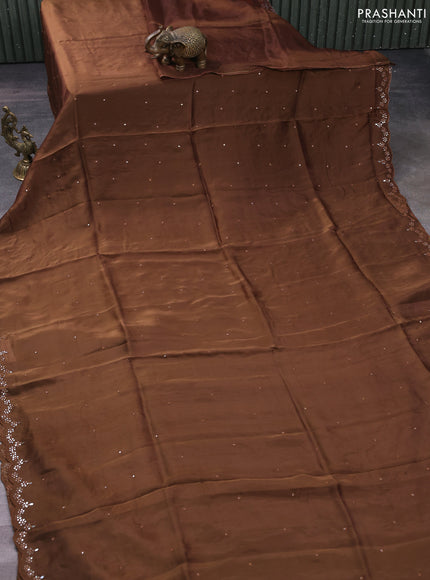 Satin crepe silk saree brown and green with allover mirror work and ajrakh printed blouse