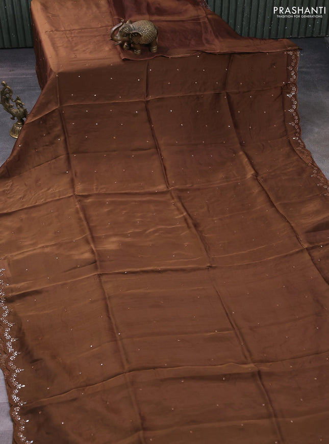 Satin crepe silk saree brown and green with allover mirror work and ajrakh printed blouse