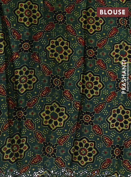 Satin crepe silk saree brown and green with allover mirror work and ajrakh printed blouse