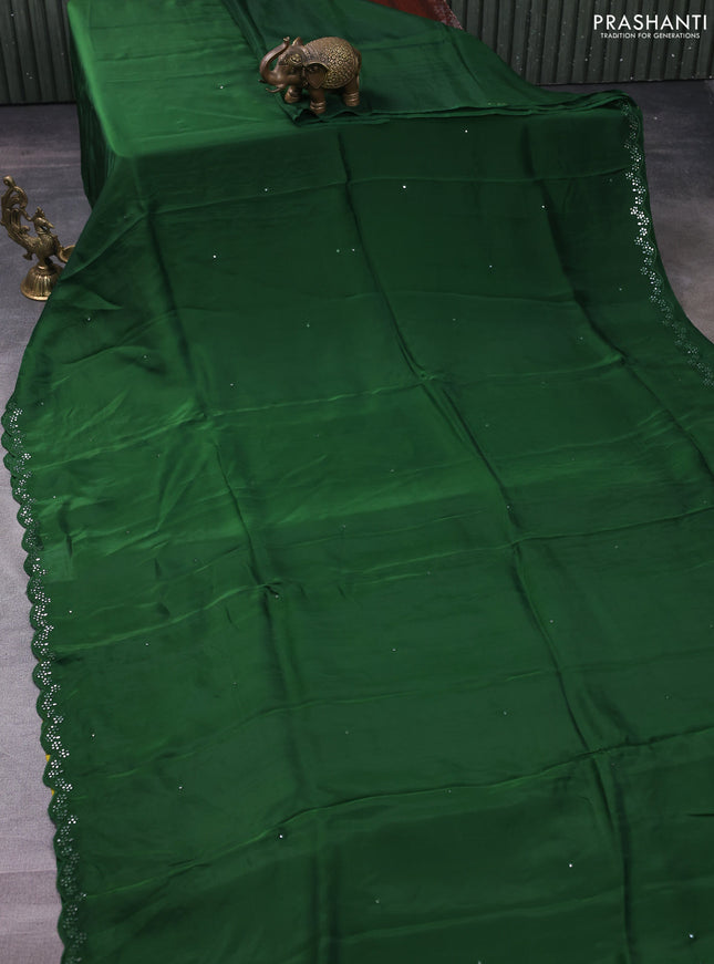 Satin crepe silk saree green and yellow with allover mirror work and ajrakh printed blouse