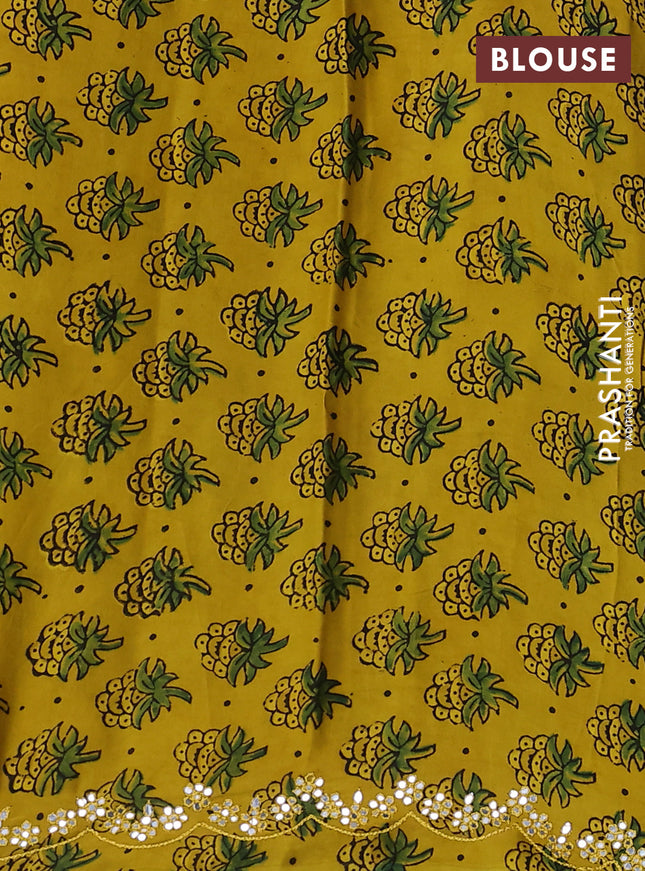 Satin crepe silk saree green and yellow with allover mirror work and ajrakh printed blouse