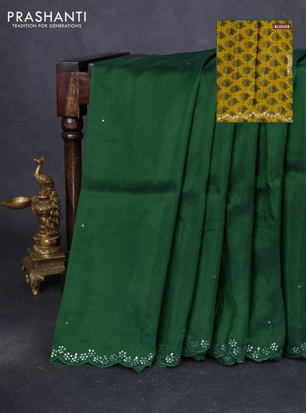 Satin crepe silk saree green and yellow with allover mirror work and ajrakh printed blouse